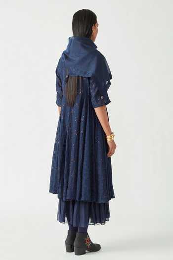 Payal Pratap Blue Cotton Silk Embroidery Alma Dress With Scarf Online at Aza Fashions Payal Pratap_Blue Cotton Silk Embroidery Alma Dress With Scarf _Online_at_Aza_Fashions
