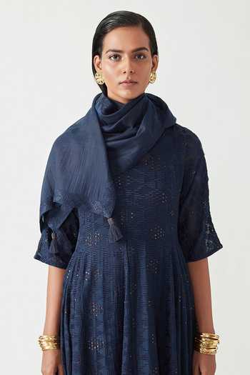 Shop Payal Pratap Blue Cotton Silk Embroidery Alma Dress With Scarf Online at Aza Fashions Shop_Payal Pratap_Blue Cotton Silk Embroidery Alma Dress With Scarf _Online_at_Aza_Fashions