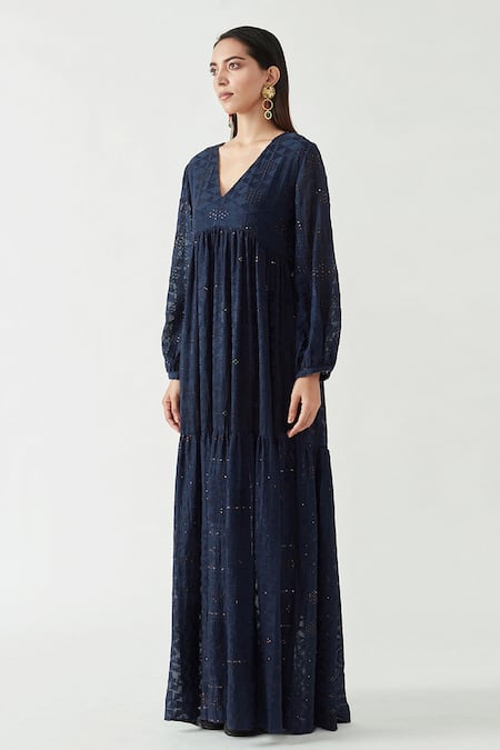 Payal Pratap_Blue Embroidery V Neck Amada Dress  _Online_at_Aza_Fashions