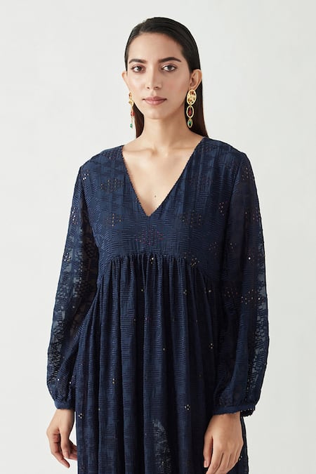 Shop_Payal Pratap_Blue Embroidery V Neck Amada Dress  _Online_at_Aza_Fashions