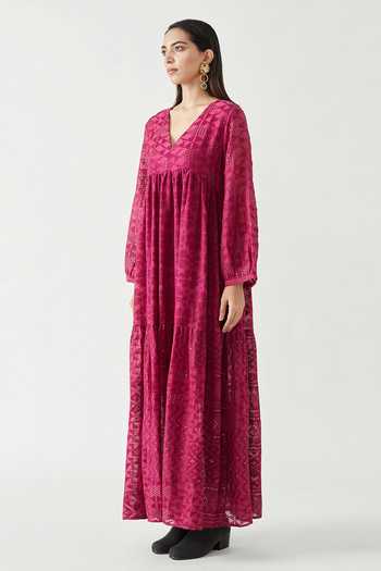 Payal Pratap Pink Cotton Silk Embroidery V Neck Stella Dress Online at Aza Fashions Payal Pratap_Pink Cotton Silk Embroidery V Neck Stella Dress _Online_at_Aza_Fashions