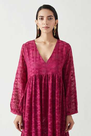 Shop Payal Pratap Pink Cotton Silk Embroidery V Neck Stella Dress Online at Aza Fashions Shop_Payal Pratap_Pink Cotton Silk Embroidery V Neck Stella Dress _Online_at_Aza_Fashions