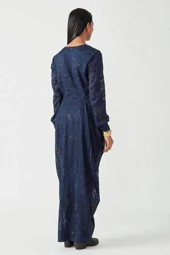 Payal Pratap_Blue Cotton Silk Embroidery V Neck Oscar Dress With Tights  _Online_at_Aza_Fashions