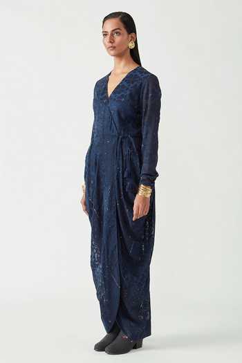 Buy_Payal Pratap_Blue Cotton Silk Embroidery V Neck Oscar Dress With Tights  _Online_at_Aza_Fashions