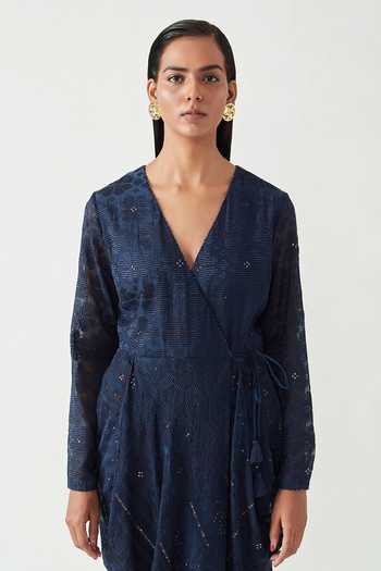 Shop_Payal Pratap_Blue Cotton Silk Embroidery V Neck Oscar Dress With Tights  _Online_at_Aza_Fashions