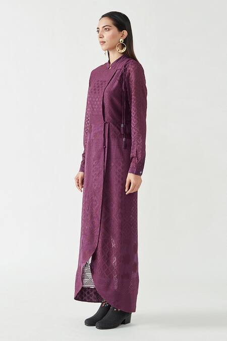 Payal Pratap_Purple Cotton Silk Embroidery Band Finola Dress With Tights  _Online_at_Aza_Fashions