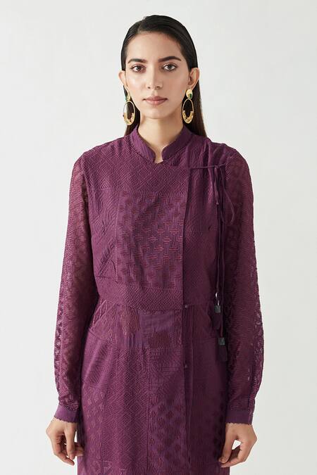 Shop_Payal Pratap_Purple Cotton Silk Embroidery Band Finola Dress With Tights  _Online_at_Aza_Fashions