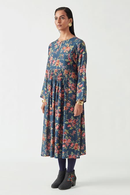 Buy Payal Pratap Blue Cotton Blend Printed Round Pepita Dress Online at Aza Fashions Buy_Payal Pratap_Blue Cotton Blend Printed Round Pepita Dress _Online_at_Aza_Fashions