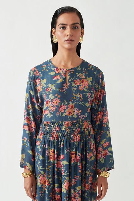 Shop Payal Pratap Blue Cotton Blend Printed Round Pepita Dress Online at Aza Fashions Shop_Payal Pratap_Blue Cotton Blend Printed Round Pepita Dress _Online_at_Aza_Fashions