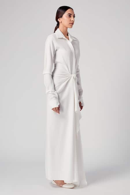 Rajesh Pratap Singh_White Moss Crepe Shirt Collar Onchi Dress _Online_at_Aza_Fashions