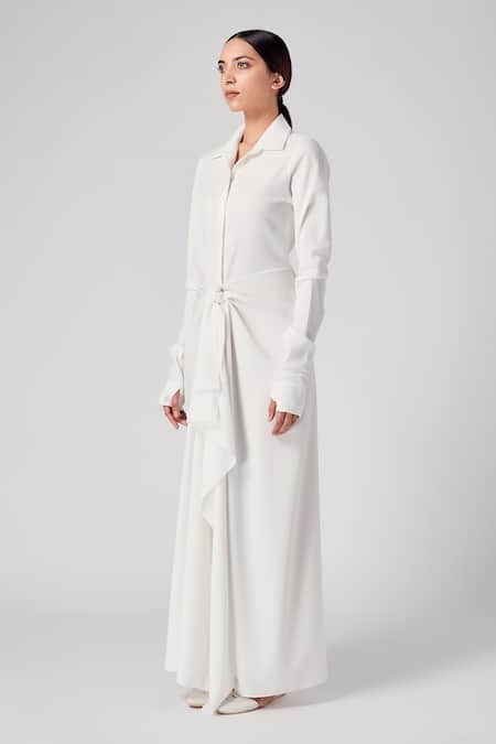 Buy_Rajesh Pratap Singh_White Moss Crepe Shirt Collar Onchi Dress _Online_at_Aza_Fashions