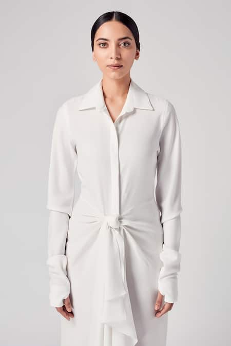 Shop_Rajesh Pratap Singh_White Moss Crepe Shirt Collar Onchi Dress _Online_at_Aza_Fashions