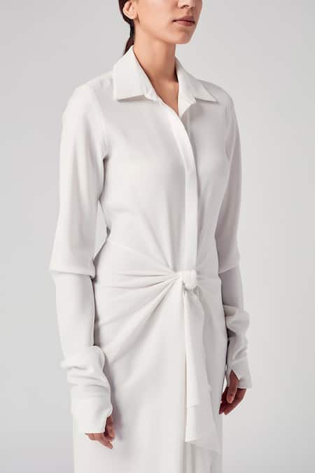 Rajesh Pratap Singh_White Moss Crepe Shirt Collar Onchi Dress _at_Aza_Fashions