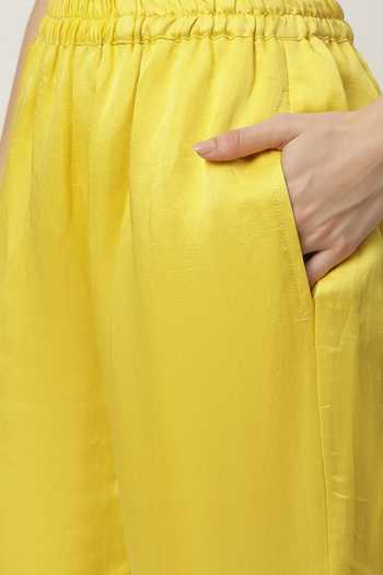 Shop_Musal_Yellow Chanderi, Satin Embroidery Round Neck Leslie Fruit Kurta Pant Set _Online_at_Aza_Fashions
