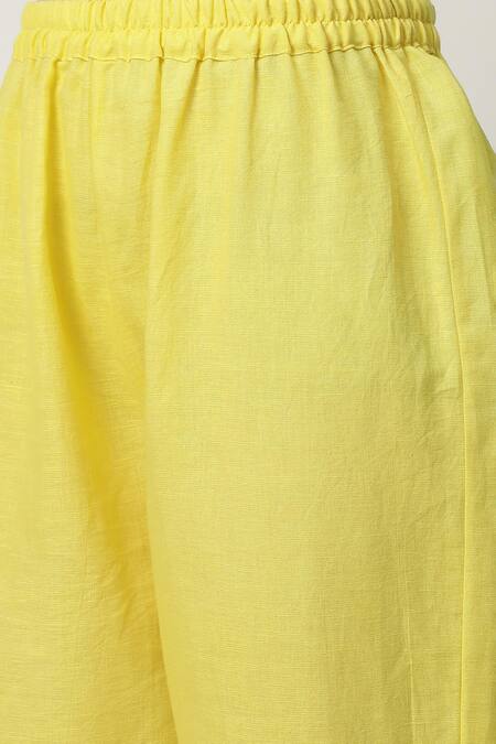 Shop_Musal_Yellow Cotton, Linen, Kota Doria, Kalie Embroidered Angarkha Kurta Pant Set_Online_at_Aza_Fashions