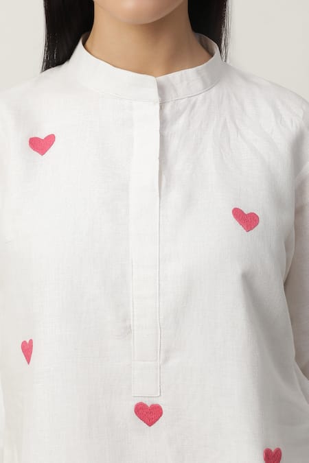 Musal_Ivory Chanderi, Cotton Embroidery Bandeau Neck Essie Heart Kurta Pant Set _at_Aza_Fashions