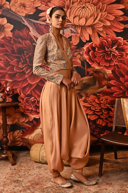 Moledro_Peach Brocade Beads, Sequins, Zari, Embroidery Ina Jacket And Harem Pant Set _Online_at_Aza_Fashions