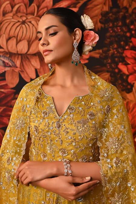 Moledro_Green Silk , Brocade, Cut Work, Arisha Embellished Anarkali Set _Online_at_Aza_Fashions