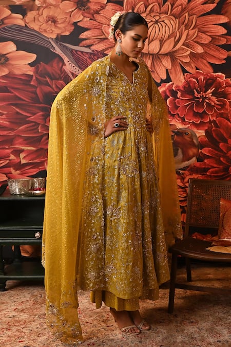 Buy_Moledro_Green Silk , Brocade, Cut Work, Arisha Embellished Anarkali Set _Online_at_Aza_Fashions