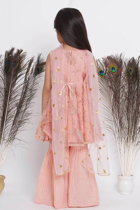 Buy_Little Bansi_Peach Cotton, Net, Lurex Sequins Embroidered Kurta Sharara Set 