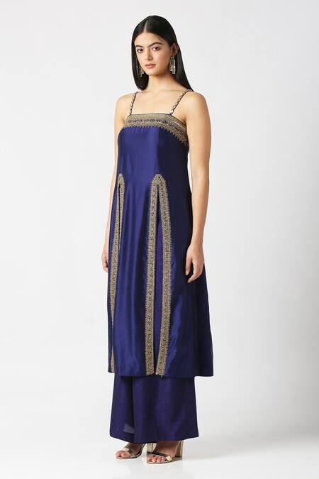 Shop_Labbada_Blue Kurta Chanderi Hand Embroidered Marodi Square Neck Slit And Palazzo Set_Online_at_Aza_Fashions