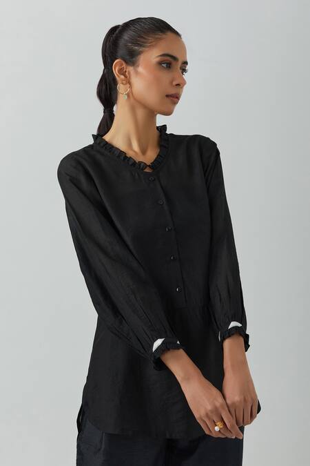 Shop_The Indian Cause_Black Chanderi Round Neck Ruffle Tunic And Palazzo Set _Online_at_Aza_Fashions