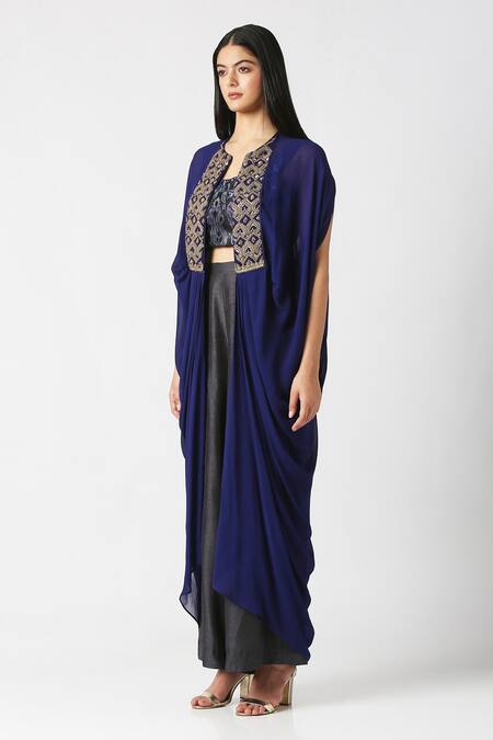 Shop_Labbada_Blue Cape Viscose Georgette Hand Embroidered Marodi Crop Top And Palazzo Set_Online_at_Aza_Fashions