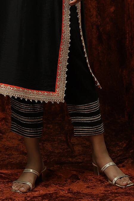 Shop Shikhar Sharma Black Silk Chanderi Embroidered Pearl Round Neck Kurta Pant Set Online at Aza Fashions Shop_Shikhar Sharma_Black Silk Chanderi Embroidered Pearl Round Neck Kurta Pant Set _Online_at_Aza_Fashions