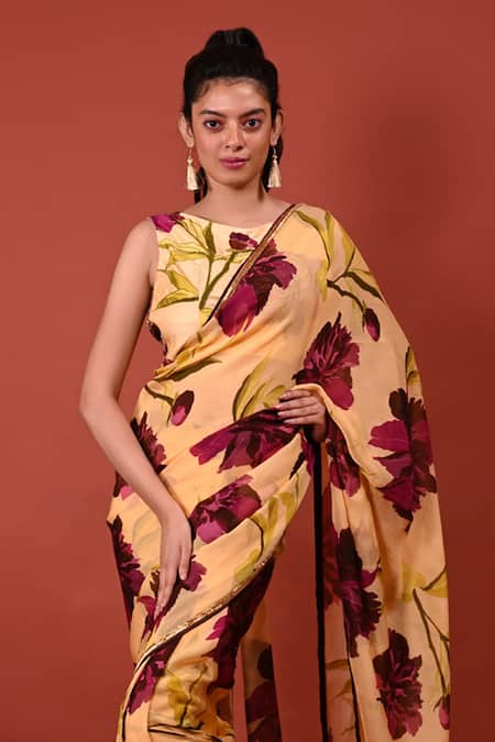 Shop_Rimi Nayak_Beige Printed Flower Pattern Chrysanthemum Saree _Online_at_Aza_Fashions