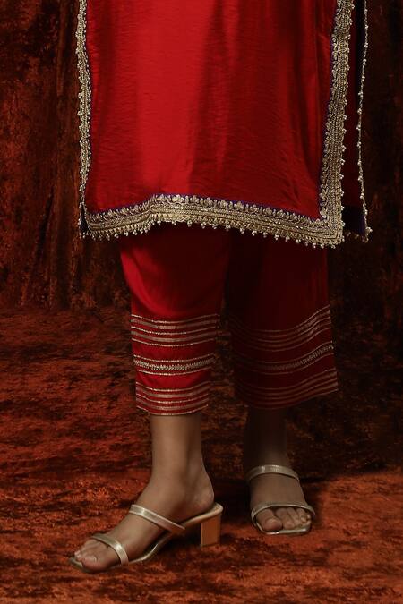 Shop Shikhar Sharma Red Silk, Georgette, Chanderi Pearls, Gota Patti, Embroidered Kurta Pant Set Online at Aza Fashions Shop_Shikhar Sharma_Red Silk, Georgette, Chanderi Pearls, Gota Patti, Embroidered Kurta Pant Set _Online_at_Aza_Fashions