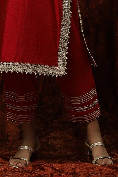 Shop Shikhar Sharma Red Silk Chanderi Embroidered Pearl Leaf Neck Kurta Pant Set Online at Aza Fashions Shop_Shikhar Sharma_Red Silk Chanderi Embroidered Pearl Leaf Neck Kurta Pant Set _Online_at_Aza_Fashions