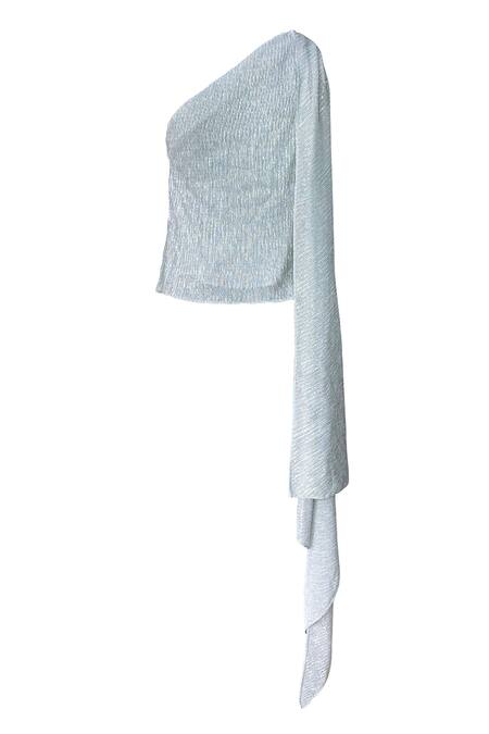Shop_Dash And Dot_Silver 100% Polyester One Shoulder Draped Top And Pant Set_Online_at_Aza_Fashions
