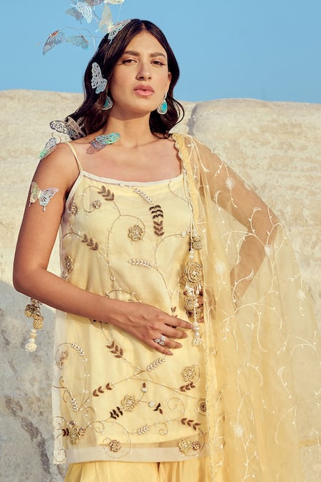 Shop Nikita Vishakha White Silk , Metallic Thread, Zari, Spaghetti Tunic Sharara Set Online at Aza Fashions Shop_Nikita Vishakha_White Silk , Metallic Thread, Zari, Spaghetti Tunic Sharara Set _Online_at_Aza_Fashions