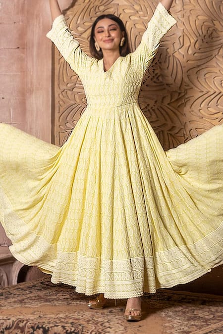 Shop_Monk & Mei By Sonia Anand_Yellow Chiffon Embroidery V-neck Falak Chikankari Sunshine Anarkali _Online_at_Aza_Fashions