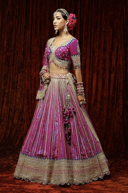 Buy_Shikhar Sharma_Purple Cotton, Net, Chanderi Beads, Orchid Gota Shimmer Bridal Lehenga Set _Online_at_Aza_Fashions