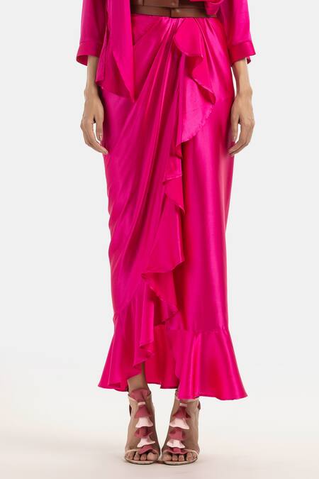 431-88 By Shweta Kapur_Fuchsia Silk Satin Ruffled Sunday Skirt_Online_at_Aza_Fashions