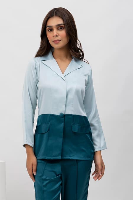Shop_Dawn And Dusk_Blue Satin Collared Magic Dual Tone Shirt And Pant Set_Online_at_Aza_Fashions