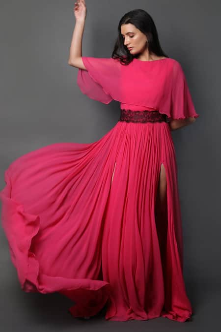 Shop_Swatee Singh_Fuchsia Georgette Lace Bandeau Neck Bateau Slit Gown _Online_at_Aza_Fashions