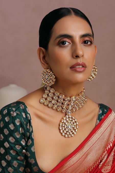 Shop_Swabhimann_Gold Plated Diamonds, Stones Kundan Embellished Choker Set _Online_at_Aza_Fashions