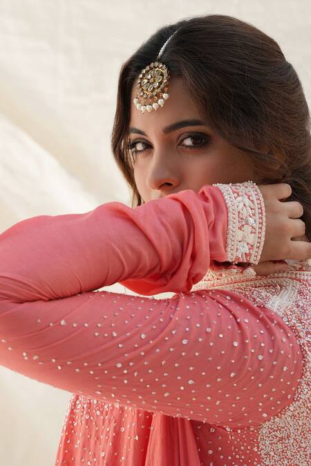 Shop_Kanika Sharma_Coral Modal Pearls, Sequins, Zari V-neck And Embroidered Anarkali Set _Online_at_Aza_Fashions