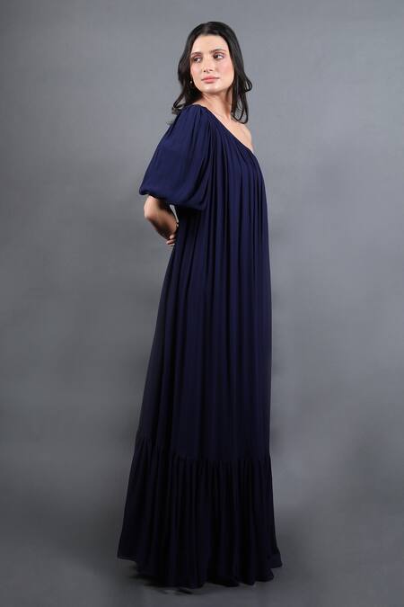 Shop_Swatee Singh_Blue Georgette One Shoulder Pleated Hem Gown _Online_at_Aza_Fashions