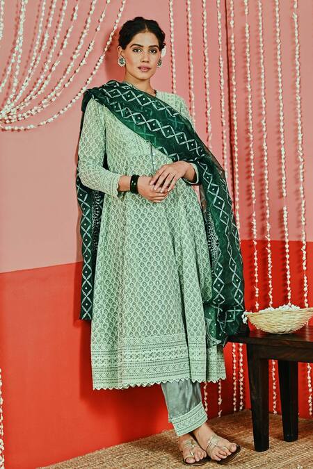 Shop_Myaara_Green Georgette, Organza, Cotton Embroidery V-neck Floral Anarkali Set_Online_at_Aza_Fashions