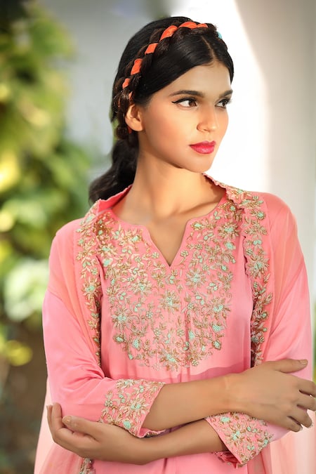 Shop_Tarini Vij_Pink Kurta And Dhoti Irish Satin Cape Silk Organza Bead Sheer & Pant Set _Online_at_Aza_Fashions