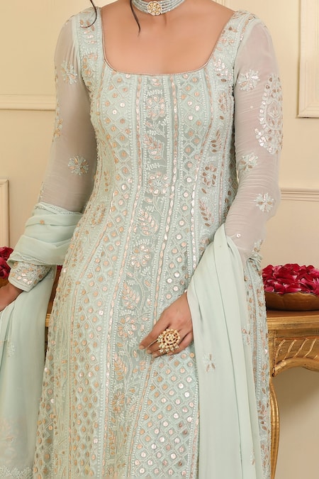 Shop_Esha Koul_Blue Georgette, Crepe Sequins, Gota Patti, Embroidery Chikankari Anarkali Set _Online_at_Aza_Fashions
