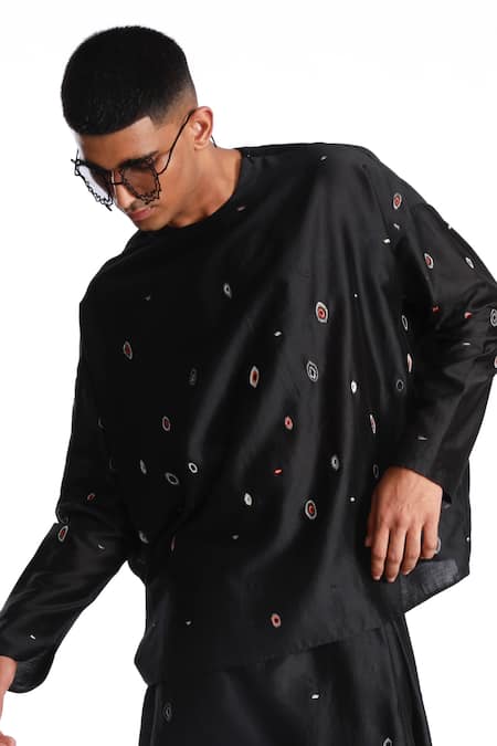 Antar Agni_Black Cotton, Silk Embroidery Cluster Blob T-shirt _Online_at_Aza_Fashions