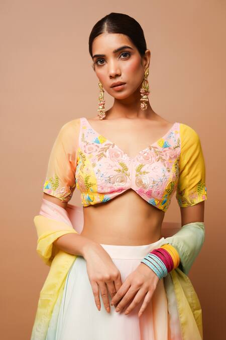 Shop Ahi Clothing Multi Color Organza, Cotton Embroidery, Tassels, Pastel Painted Lehenga Set Online at Aza Fashions Shop_Ahi Clothing_Multi Color Organza, Cotton Embroidery, Tassels, Pastel Painted Lehenga Set _Online_at_Aza_Fashions
