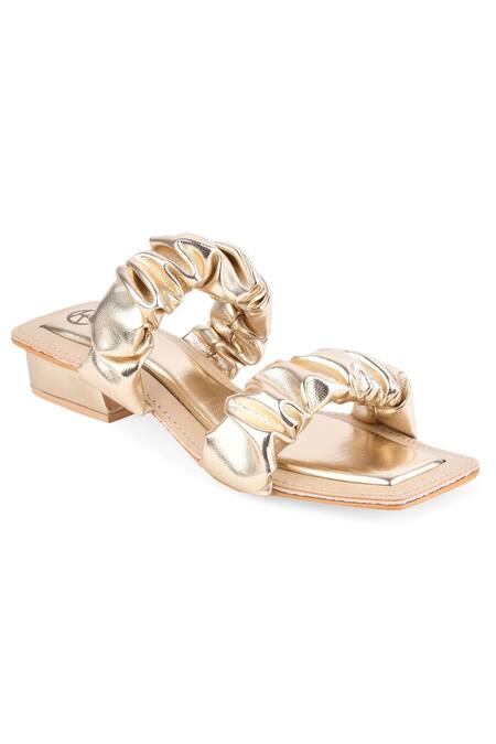 Shop_Kaltheos_Gold Plain Maureen Metallic Ruffle Strap Block Heels_Online_at_Aza_Fashions