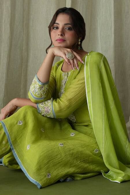 Shop Kanika Sharma Green Silk, Georgette, Embroidery, Zari, Pearls Kurta Pant Set Online at Aza Fashions Shop_Kanika Sharma_Green Silk, Georgette, Embroidery, Zari, Pearls Kurta Pant Set _Online_at_Aza_Fashions