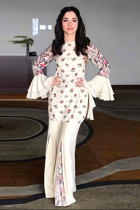 Nikasha White Cotton Round Printed Tunic And Pant Set 