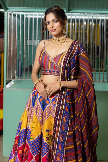 Shop_Irrau By Samir Mantri_Multi Color Organza, Denim Embroidery, Sequins, Gota Printed Panel Lehenga Set _Online_at_Aza_Fashions